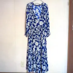 zara 青紫系 襟袖フリル ロングワンピース ティアードスカート 春