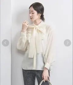 UNITED ARROWS アイボリーオーガンジー フリル＆ボウタイ ブラウス