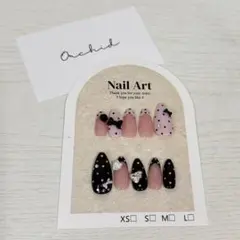 ネイルチップ ピンクと黒 ハートリボン