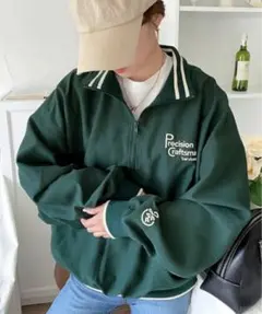 【Java】リブラインロゴ刺繍ハーフジップオーバーサイズ プルオーバー　M