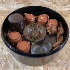 茶器セット 漆器風盆付 朱泥風湯呑 花柄 和風まとめのサムネイル