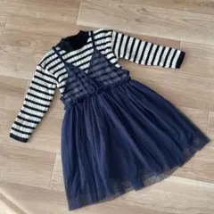 ボーダーニットチュールレイヤードワンピース