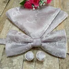 蝶ネクタイ カフス　チーフ 3点セット ペイズリー 結婚式　シルバー　ワンタッチ