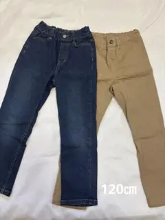 GU デニムブルー・ベージュ スリムフィットパンツ 2点セット 120㎝