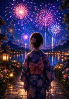 050【夜空に咲く花火と浴衣姿の女性】開運・願望成就・夏の幻想開運アート