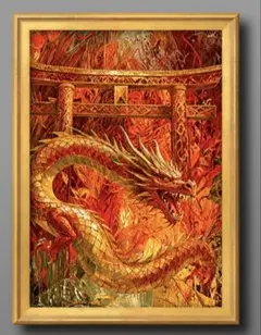 鳥居から昇る炎の神龍　風水ヒーリング　開運絵画グラフィックアート　額縁付き