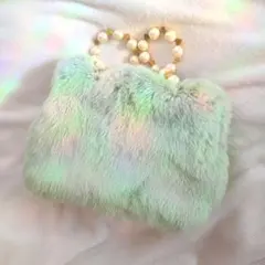 サマンサタバサ ミントグリーン ラビットファー パール ハンドバッグ