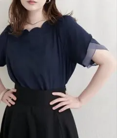 naturalcoutureチューリップスリーブスカラップネックブラウスネイビーのサムネイル