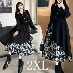 2XL ブラック 花柄 アシンメトリーデザイン シック 大人ワンピース　襟
