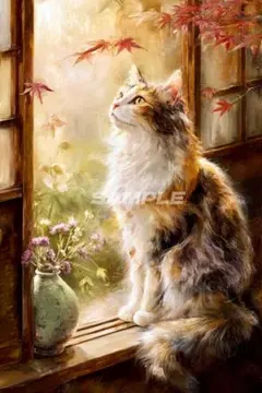 【2枚1000円】猫の幻想アート 秋窓、三毛猫のたそがれ 2L