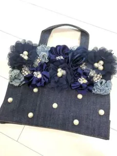 デニム トートバッグ 花飾り付き