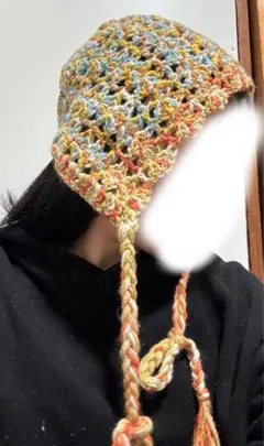 フードニット帽 ボンネット ハンドメイド　韓国　Y2K 古着