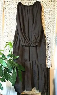 後ろリボンバルーン袖マキシ丈ロングワンピース