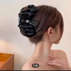 韓国　バンス　リボン　ハート　ブラックサテンヘアクリップ