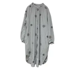 美品 L 長袖 ロング ノーカラーシャツ グレー 木柄 ナチュラル ゆったり羽織