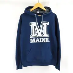 MAINE 英字 プリント フェード スウェット パーカー フーディー M 紺のサムネイル
