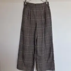 【秋冬】グレンチェック柄 ワイドパンツ M ブラウン ウエストゴム 楽ちん