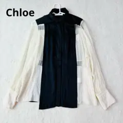 Chloe クロエ シルク100% ブラウス シアー バイカラー 濃紺 ホワイトのサムネイル