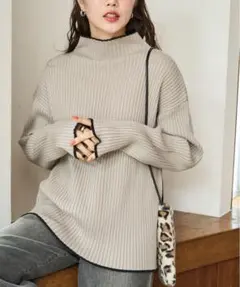 配色ライン リブニット ハイネック プルオーバー