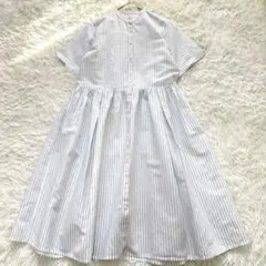 美品 無印良品 ヘンプ コットン 半袖ワンピース バンドカラー　羽織り　白青　M