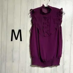 美品✨最安値❣️フリル付き パープル ノースリーブ ブラウス ボタン有 タック入