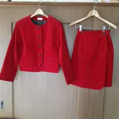 コーディロイスーツ★ジャケット&ひざ丈巻きスカート★M★レッド★可愛いです★