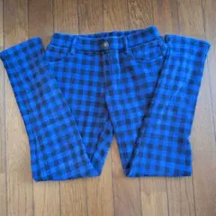 青と黒のチェック スリムフィットボトムス 裏起毛 160