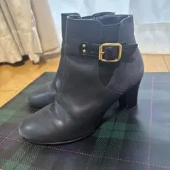 BARCLAY 22.0cm ネイビーブーツ　レザー スエード 中ヒールブーツ