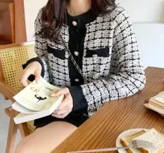 セットアップ ツイード風ニットカーディガン