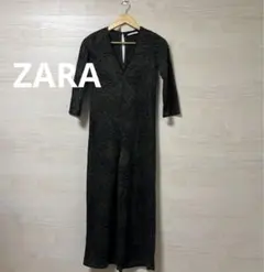 ZARA★Vネック 7分袖 オールインワン 総柄 アニマル柄 カーキ 個性的