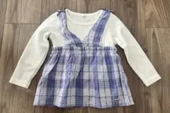 キッズ チェック柄 ドッキング 長袖カットソー 110 ホワイト パープル美品