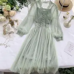 【正月セール！】ドット柄 レース チュールワンピースドレス ライトグリーン