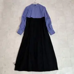 美品✨ENFOLD ブルーストライプ プリーツワンピース ドッキング 長袖