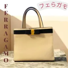 美品 Ferragamo フェラガモ ヴァラ アイボリー ハンドバッグ リボンのサムネイル
