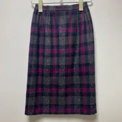 チェック柄 ツイードスカート タイトスカート ひざ丈 ウール Mピンク グリーン
