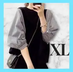 ブラウス レディース シャツ チェック柄 着痩せ 黒 ネイビー XL