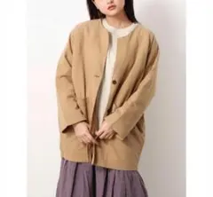 【新品】サマンサモスモス 麻混 ノーカラーワイドコート 中綿入り ベージュ F