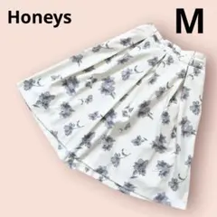 【良品】ハニーズ 花柄 ひざ丈フレアスカート ホワイト×グレー M 春 秋 冬