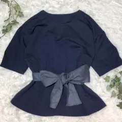 7IDconcept. リボン付きペプラムブラウス ネイビー 36 きれいめ通勤