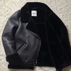 特大サイズ未使用級✨ ZARA ボア ダブル ライダース ジャケット コート 黒