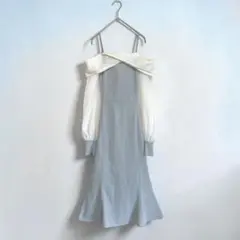 ロングワンピース　オフショルダー　Aライン　ボリューム袖　リボン　ふんわりくすみ