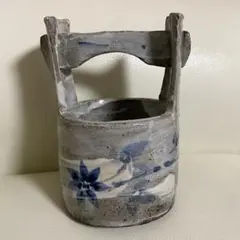 和風 花柄 陶器 花瓶 花器 小物入れ インテリア 青白 手桶 美品☆