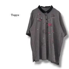 【TOPYS】トピィーズ　レディースポロシャツ　ボーダー　半袖　刺繍　綿　グレー