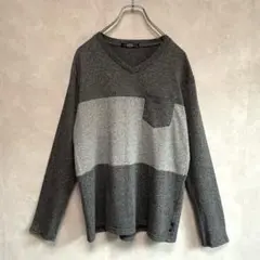 【AZUL】ボーダー　Vネック　綿　グレー　長袖　トレーナー　Tシャツのサムネイル