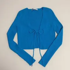 ZARA リブニット フロントタイ カーディガン ブルー