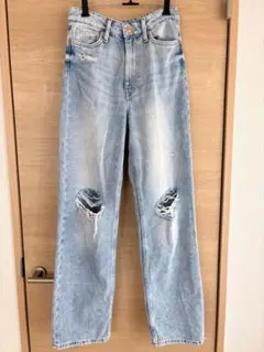H&M ダメージ加工 ストレートデニムパンツ ライトブルー EUR34