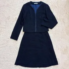 組曲 クミキョク ラメ ツイード ノーカラー スーツ セットアップ ネイビー