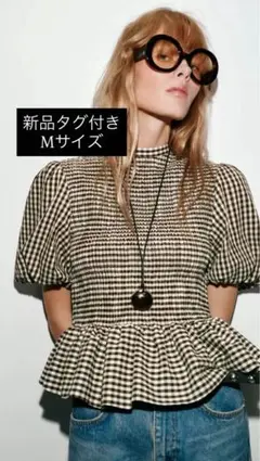 ZARA ギンガムチェック柄スモッキング加工トップス XS - メルカリ