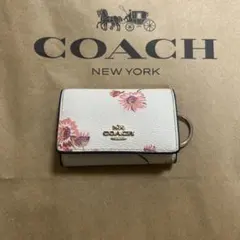 美品　花柄　ホワイト　白　コーチ　キーケース　レディース