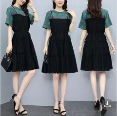 大きいサイズ レディース 春 夏 ワンピース　重ね着風　新品 半袖　グリーン